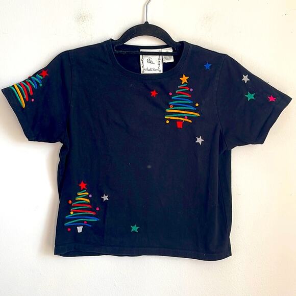 Vintage Michael Simon Christmas Tree embroidered cropped tshirt sz M - Picture 1 of 7